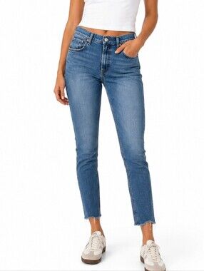 Zara Woman Premium Denim Collection Jeans Size 10 Blue Skinny Ankle Raw Hem